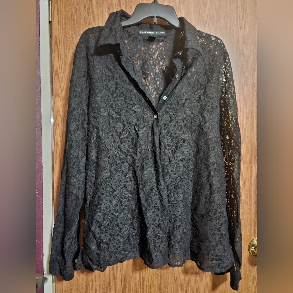 JOSEPHINE CHAUS Black Lace Nylon/Spandex Long Sleeve Button Blouse!